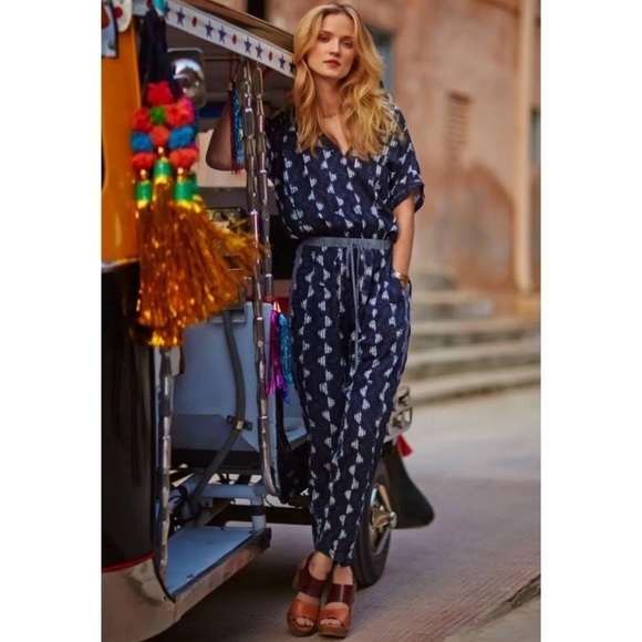 Anthropologie Velvet by Graham & Spencer Blue Cady Jumpsuit Size Medium - Picture 2 of 14